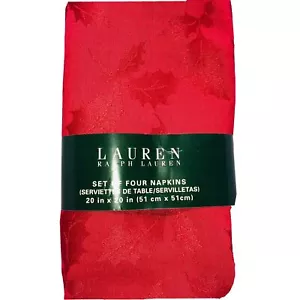 New RALPH LAUREN Set of 4 HOLLY Pattern NAPKINS Red Jacquard Christmas 20x20” - Picture 1 of 6