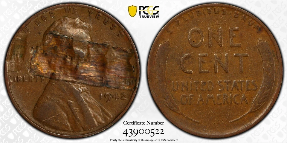 1942 Lincoln Cent Mint Error PCGS VF30 Obv Lamination with Planchet Strip 1C - Image 1 of 4