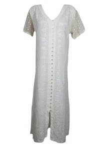 Boho Gypsy White MAXI Dress Embroidered Button Down Loose Resort Wear Dresses L