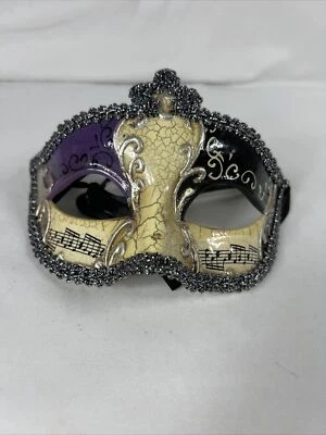 Máscara para os olhos vintage roxa, preta e prata notas musicais - Imagem 1 de 4