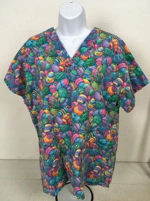Scrub Top Women Size XL Colorful Easter Eggs Short Sleeves Pockets Handmade - Image 1 of 4