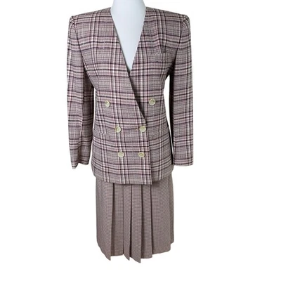 Traje Falda Vintage Talla 10 Doble Pecho Blazer Chaqueta Falda Plisada Clásica Foto 1 de 4