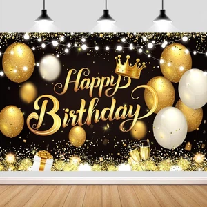 YinQin 180x120 cm Black Gold Happy Birthday Party Backdrops cm, - Picture 1 of 6