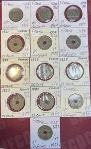 1903 - 1938 France 25 Centimes Extra Fine XF - AU Condition 13 Coin Lot - Picture 1 of 14