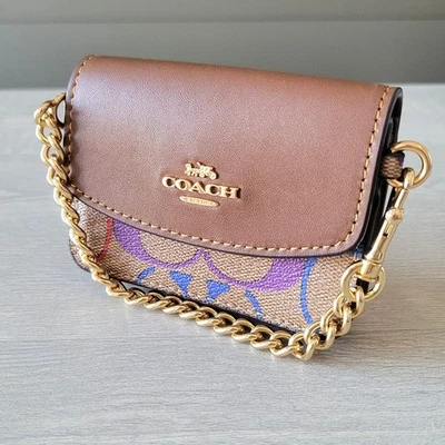 Cartera con solapa estuche para tarjetas Coach con cadena caqui firma lona cuero arco iris nueva sin etiquetas Foto 1 de 4