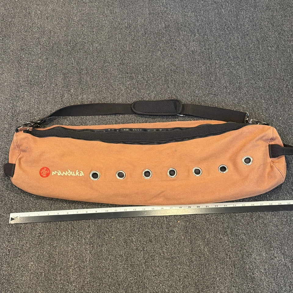 Manduka Yoga Mat Bag Carrier Ventilated Grommet Fabric Zip Shoulder Brown Sling - Image 1 of 4