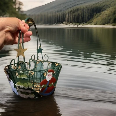 Vintage Christmas green metal wire basket Star Santa Tree Snowman Decorative EUC - Image 1 of 4