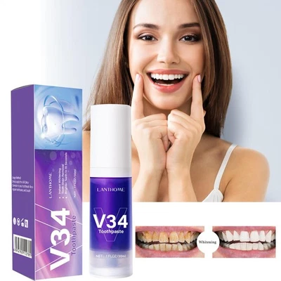 Creme dental corretor de cor V34, creme dental roxo para clareamento dental, 30ml - Imagem 1 de 4