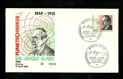 Postal History Germany FDC #9N347 Dr. Adolf Slaby radio media 1974 - Image 1 of 2