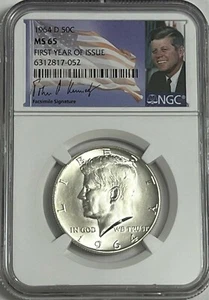 1964 D NGC MS65 Silver Kennedy First Year of Issue JFK Coin Signature Label 50C - Picture 1 of 3