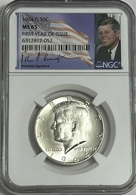 1964 D NGC MS65 Plata Kennedy Primer Año de Emisión JFK Moneda Firma Etiqueta 50C Foto 1 de 3