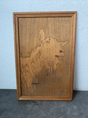 Ancien Petit Cadre Pyrogravure Chèvre Deco Montagne Rustique  - Photo 1/4