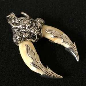 Ancient Amulet Charms w/ Silver Dragon Pattern Necklace Pendant Fashion Jewelry - Picture 1 of 3