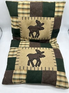 Set of 2 Rustic Lodge Moose Pillows Wool Cotton Cabin Core Plaid - Picture 1 of 14