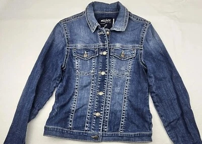 Jeans Plateados Damas Talla Pequeña Botón Frontal Denim Azul Jean Chaqueta Desteñida Foto 1 de 4