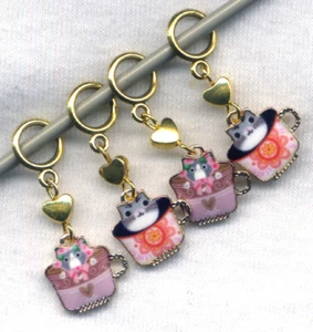 Teacup Cats Stitch Markers Two for Tea Kittens Charms Set of 4/SM40 - Picture 1 of 2