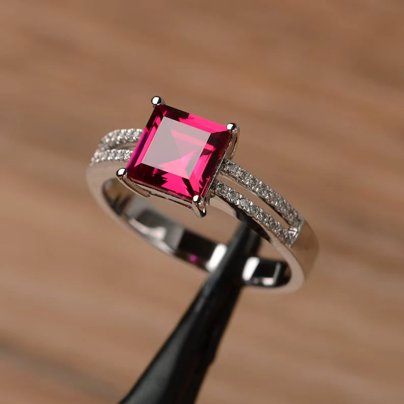 Unique Solitary Ring 2.37 Ct Princess Cut Simulated Ruby 14K White Gold Plated - Image 1 of 4