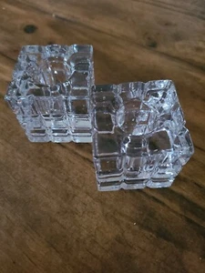 Square Ice Cube Clear Glass Candlestick Holders Set of 2 - Picture 1 of 5