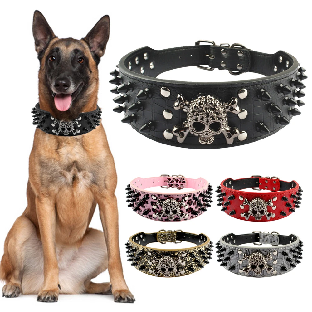 HOOT Hundehalsband Aus Kunstleder – Verstellbar, 5,1 Cm Breit, Mit Nieten, Größe L (53–61 Cm), Schwarz