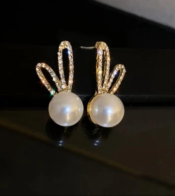 Elegant Rabbit Bunny Ears Earrings Faux Pearl Sterling Post Women Girls Gift NEW - Image 1 of 4