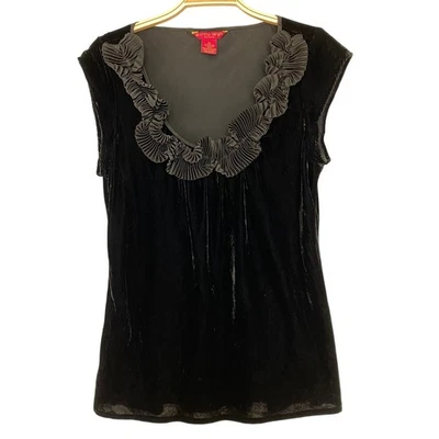 Sunny Leigh Velvet Blouse Top Women PM Black Ruffle Neckline Romantic Whimsigoth - Image 1 of 4