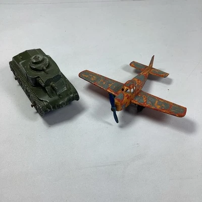 Vintage Tootsie Toy Green Military Tank Orange Prop Plan Airplane Metal - Image 1 of 4