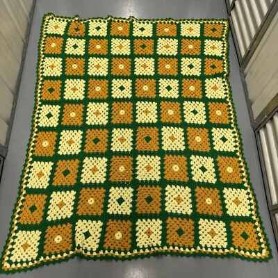 复古阿富汗奶奶方形钩针毯橙色黄色 MCM 52 英寸 X 62 英寸 — 第 1/4 张图片