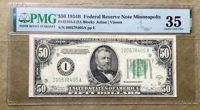1934B $50 FRN MINNEAPOLIS [] PMG35 CVF   FR 2104-I  [] RARE [] Ser# I 00578405 A - Image 1 of 3