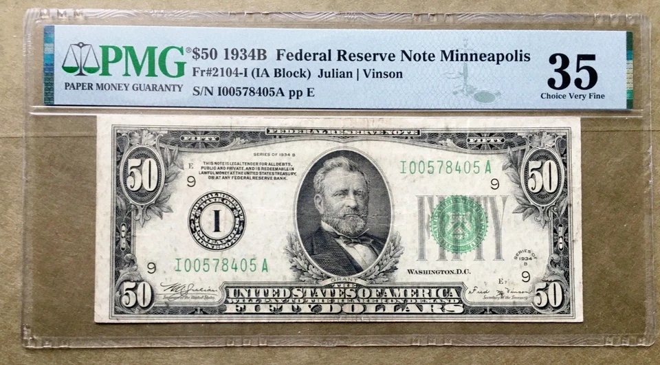 1934B $50 FRN MINNEAPOLIS [] PMG35 CVF   FR 2104-I  [] RARE [] Ser# I 00578405 A - Image 1 of 3
