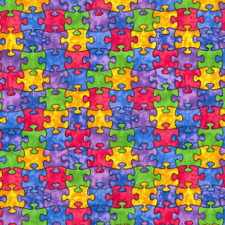 Fabric Multi Watercolor Puzzle Pieces Autism Awareness Print 100% Cotton BTY NEW