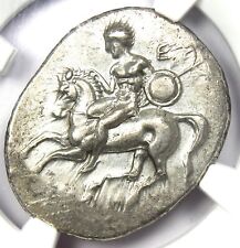 Calabria Taras AR Didrachm Dolphin Coin 302 BC - NGC Choice AU with Fine Style