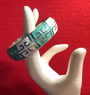 Brazalete Brazalete Fornash Esmalte Bisagras Turquesa y Blanco con Tono DORADO 3/4"w Foto 1 de 4