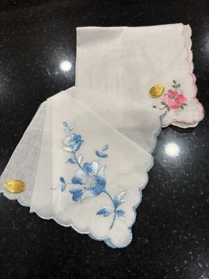 Handkerchiefs Made In Switzerland Set Of 2 Pink & Blue Embroidered Flowers NEW - Image 1 of 4