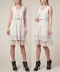 Vocal Crystal Boho Vintage Lace Ruffle Cardigan Vest Duster Top Ivory Cream S - Picture 1 of 7