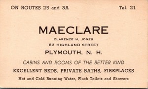 Plymouth New Hampshire Advertising Business Card Maeclare Cabins Clarence Jones