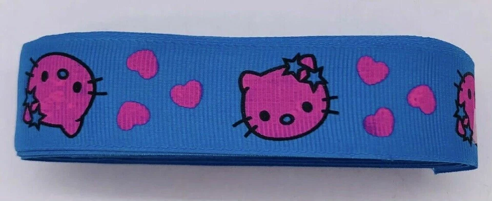 5 Yards 1" Hello Kitty Grosgrain Ribbon Pink Blue for Bows Sewing Crafts Printed - Image 1 of 3