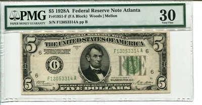 FR 1951-F 1928A $5 FEDERAL RESERVE PMG 30 VERY FINE - Image 1 of 2