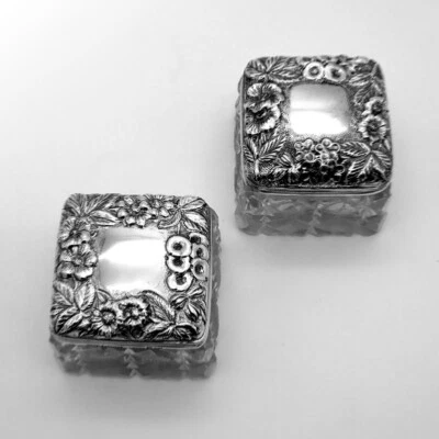 Repousse Square Jars Pair Cut Glass Sterling Silver Jacobi Jenkins - Изображение 1 из 4
