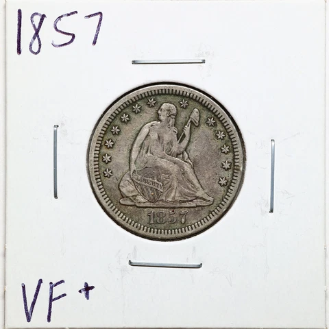 1857 25C Seated Liberty Quarter Dollar in VF+ Condition #08962 Cover