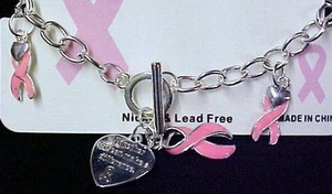 "Pulsera enchapada en plata con eslabón de palanca de corazón cinta rosa para cáncer de mama 7" - Imagen 1 de 3