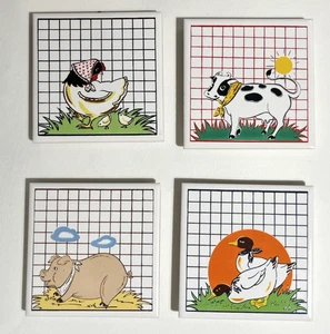 Vintage 1980s Tile Trivet Set Of 4 Country Farm Pig Cow Hen Ducks 4.25" Taiwan - Picture 1 of 9