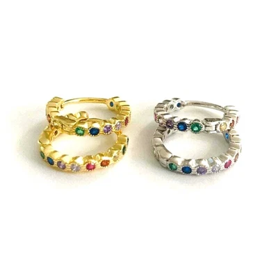 925 Solid Sterling Silver Hoop Earrings - Multicolor Rainbow Dainty Stud-  ESE64 - Image 1 of 4