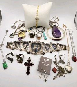 Estate .925 Sterling Silver Jewelry Lot - Amethyst, Coral, Ruby, Opal, Jade - Picture 1 of 15