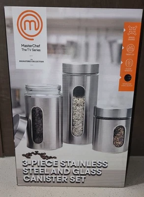 Master Chef 3 piece stainless steel and glass canister set NEW in box - Image 1 of 4