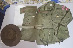 Vintage Boy Scout Uniform - 2 Hats Leggings Set Belt Long Sleeved Shirt Pants - Picture 1 of 23