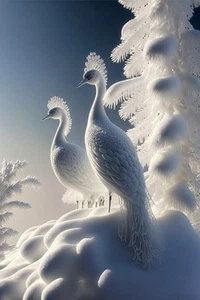 Canvas Art Snow Ice White Peacocks Birds Wall Picture Poster Print - Picture 1 of 22