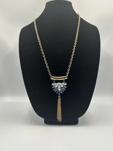 Long System Pendant Necklace Gold Tone w/ Blue & Clear Crystals and Gold Tassel - Picture 1 of 7