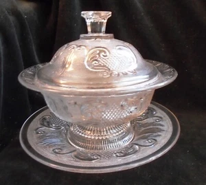 EAPG Princess Feather Clear Glass Covered Bowl Underplate Bakewell, Pears & Co - Picture 1 of 11