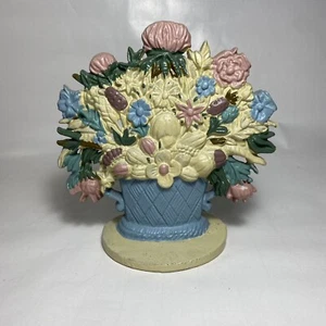 Cast Iron Door Stop Basket of Blue and Cream Flowers Midwest Imports Vintage - Picture 1 of 7