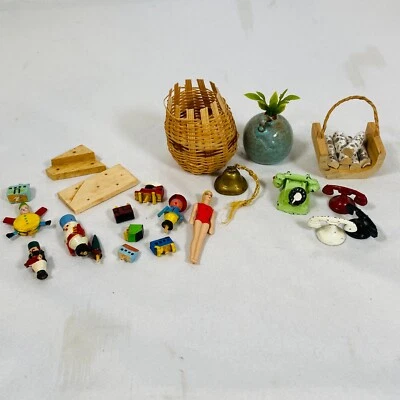 Dollhouse 1:12 Scale Wooden Toy Table w/ Basket, Plant, Telephone, Logs, Bell - Image 1 of 4